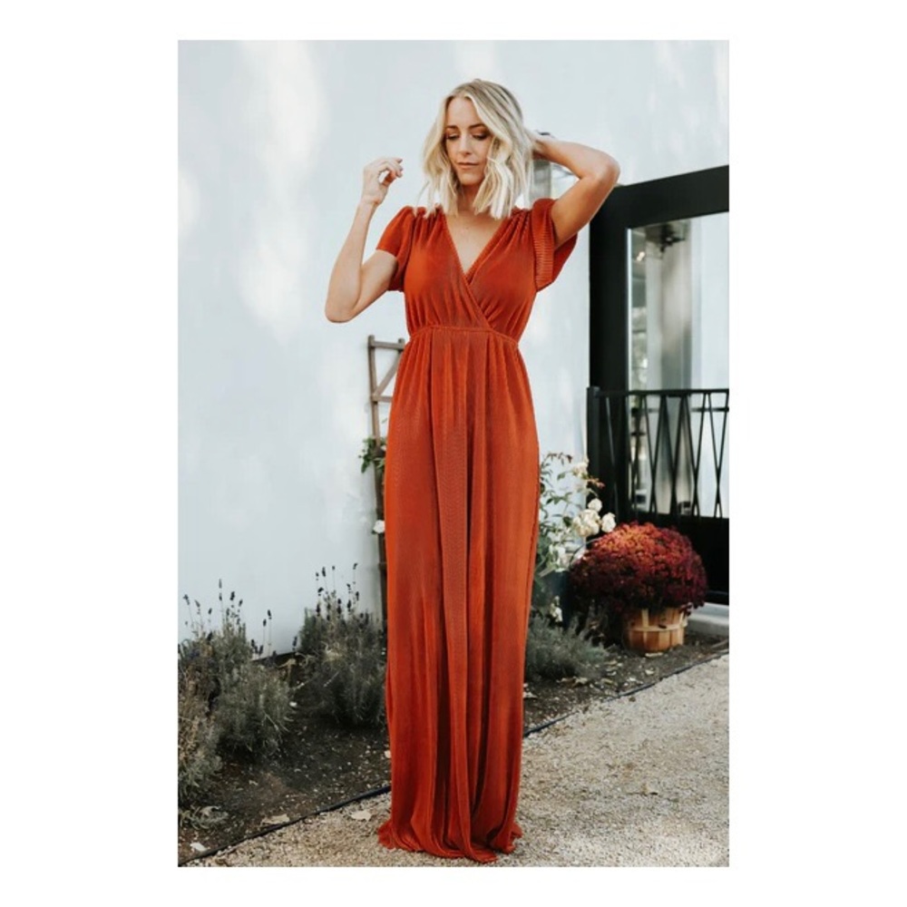 NWT Baltic Born Athena Burnt Orange V-Neck Empire Waist Pleated Stretch Maxi - Picture 1 of 15